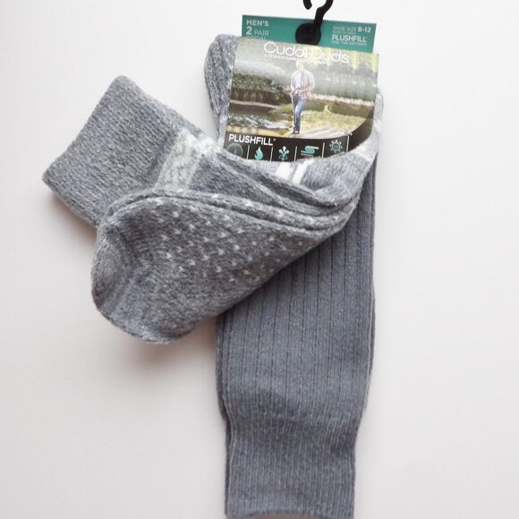 Cuddl Duds Mens ClimateSmart Plushfill Crew Socks 2 Pairs Grey & Pattern - Picture 5 of 6